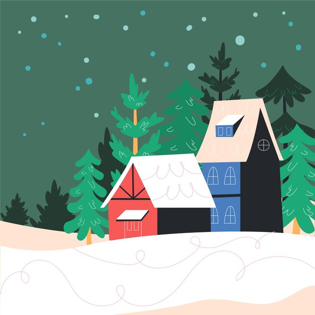 Dibujado a mano ilustración de pueblo de navidad plano