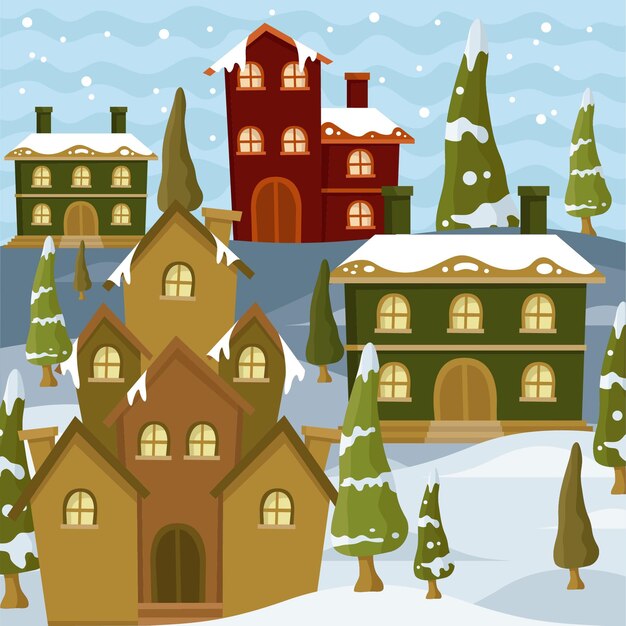 Dibujado a mano ilustración de pueblo de navidad plano