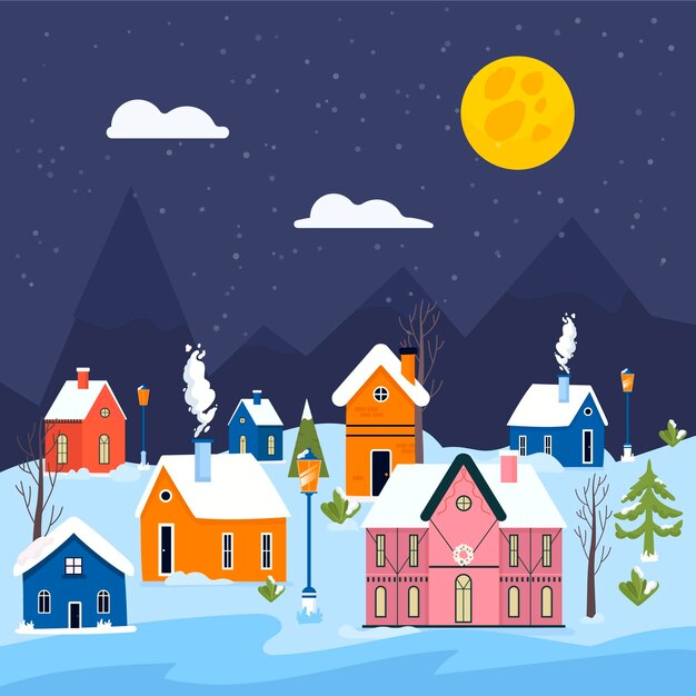 Dibujado a mano ilustración de pueblo de navidad plano