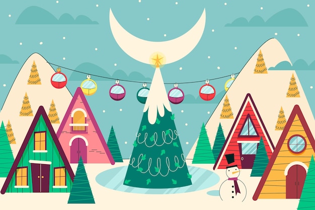 Dibujado a mano ilustración de pueblo de navidad plano