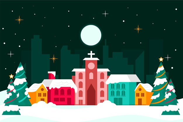 Dibujado a mano ilustración de pueblo de navidad plano
