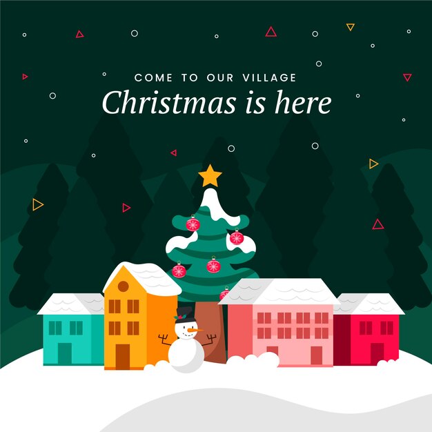 Dibujado a mano ilustración de pueblo de navidad plano
