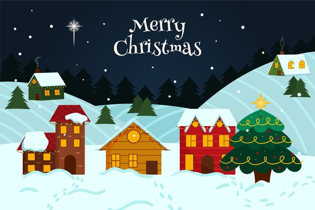 Dibujado a mano ilustración de pueblo de navidad plano