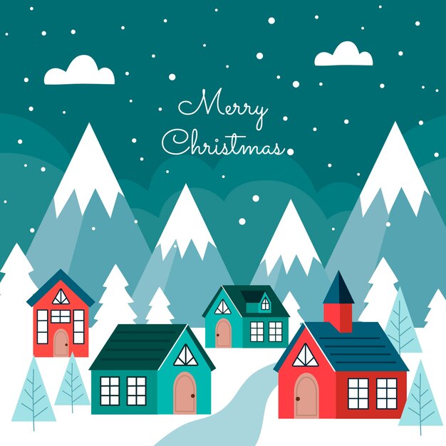 Dibujado a mano ilustración de pueblo de navidad plano