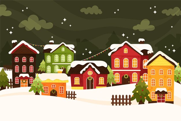 Dibujado a mano ilustración de pueblo de navidad