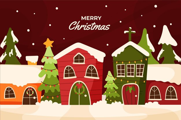 Dibujado a mano ilustración de pueblo de navidad