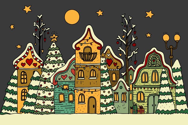Dibujado a mano ilustración de pueblo de navidad