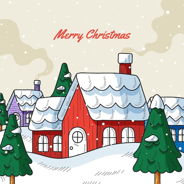 Vector gratuito dibujado a mano ilustración de pueblo de navidad
