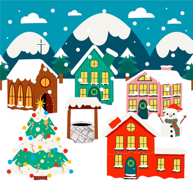 Dibujado a mano ilustración de pueblo de navidad