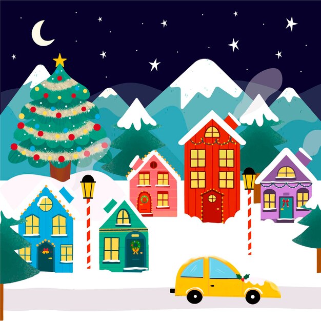 Dibujado a mano ilustración de pueblo de navidad