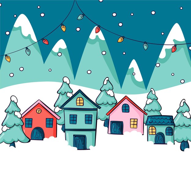 Dibujado a mano ilustración de pueblo de navidad