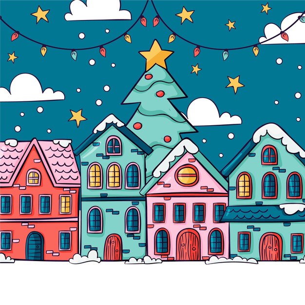 Dibujado a mano ilustración de pueblo de navidad