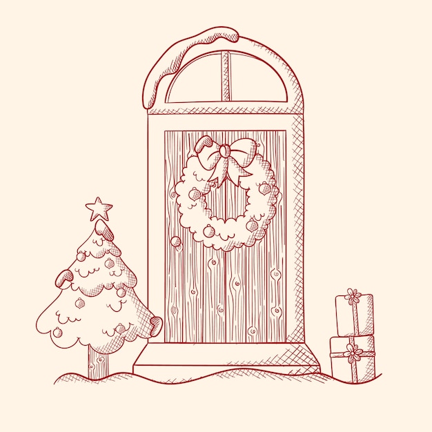 Vector gratuito dibujado a mano ilustración de puerta de casa de navidad
