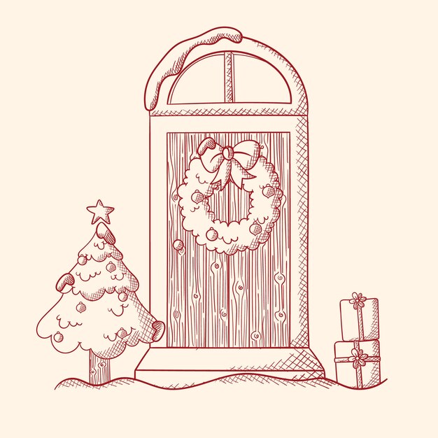 Dibujado a mano ilustración de puerta de casa de navidad