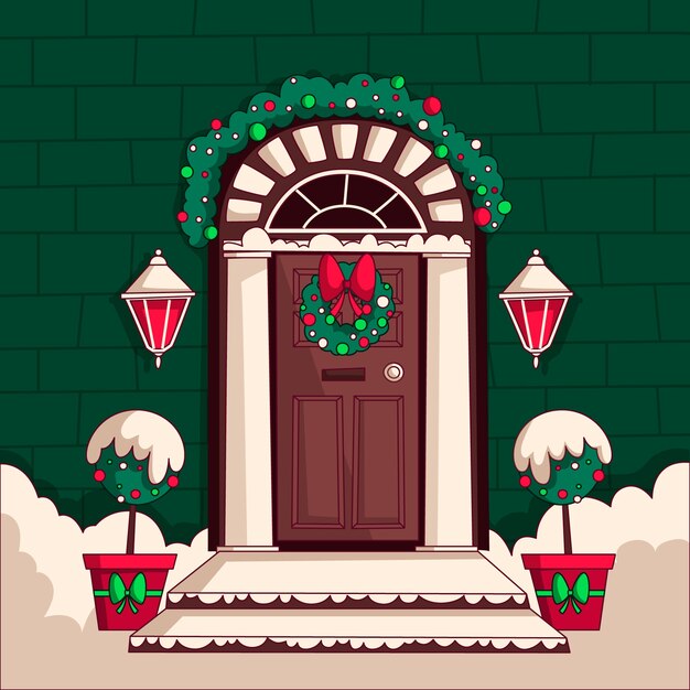 Dibujado a mano ilustración de puerta de casa de navidad