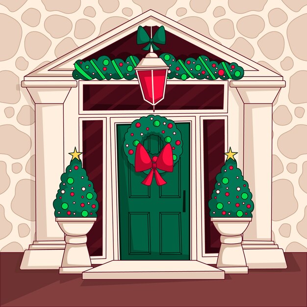 Dibujado a mano ilustración de puerta de casa de navidad
