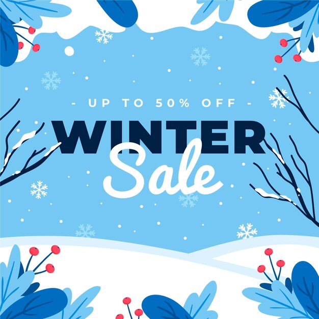 Dibujado a mano ilustración de rebajas de invierno plana y banner cuadrado