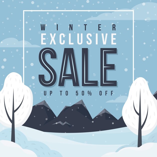 Dibujado a mano ilustración de rebajas de invierno plana y banner cuadrado