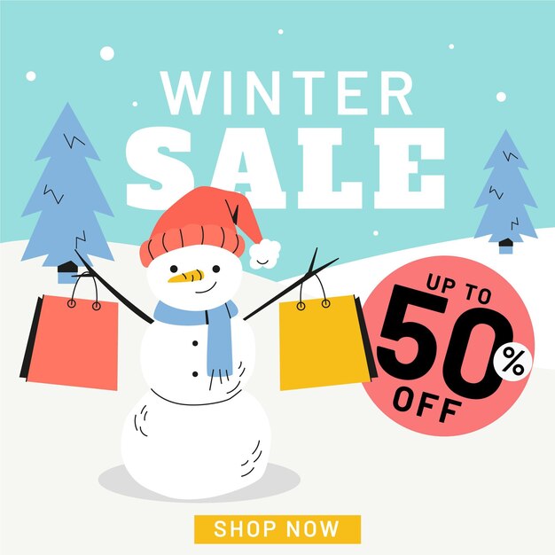 Dibujado a mano ilustración de rebajas de invierno plana y banner cuadrado