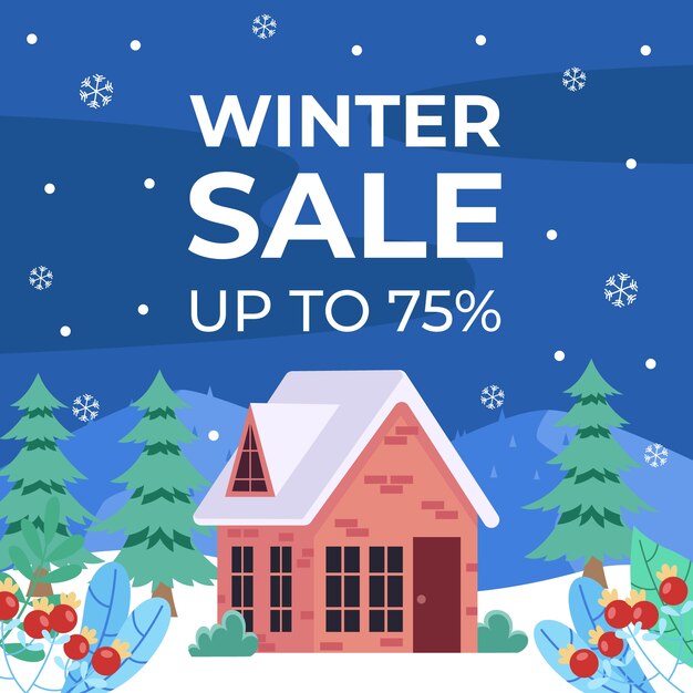 Dibujado a mano ilustración de rebajas de invierno plana y banner cuadrado