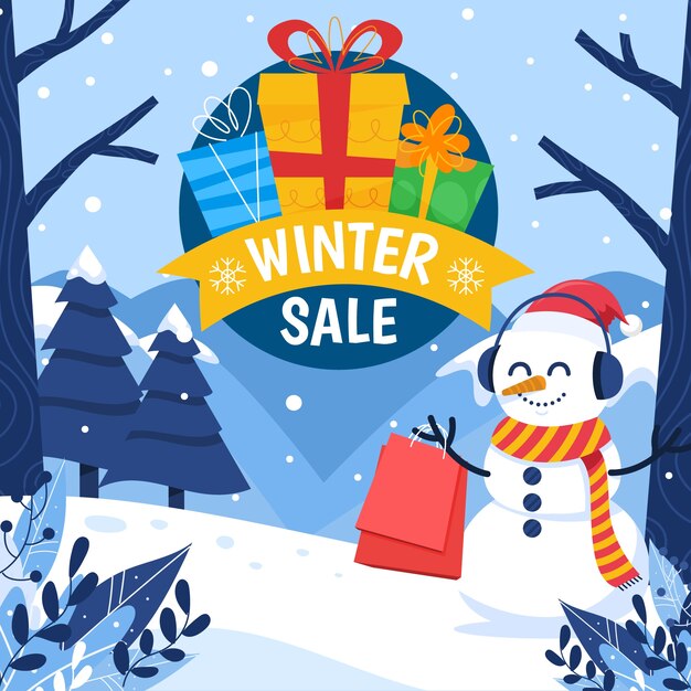 Dibujado a mano ilustración de rebajas de invierno plana y banner cuadrado