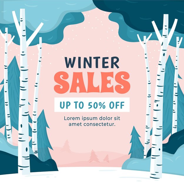 Dibujado a mano ilustración de rebajas de invierno plana y banner cuadrado