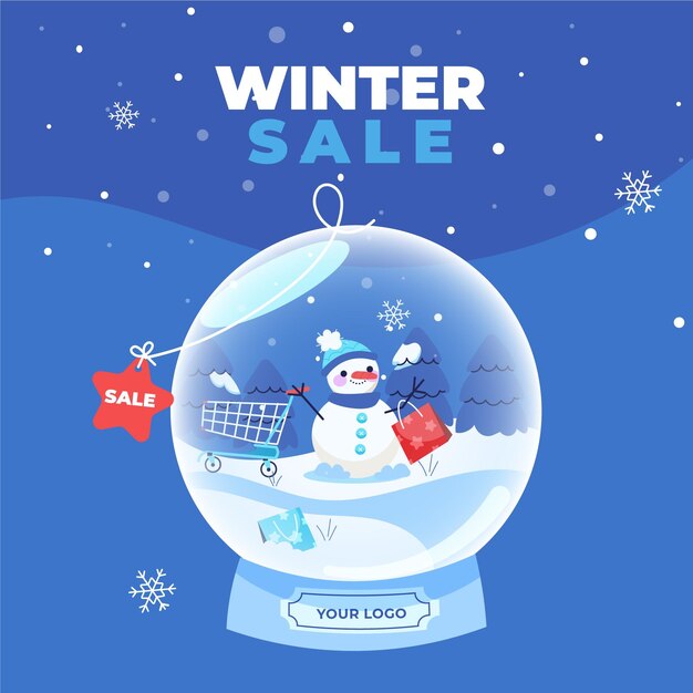 Dibujado a mano ilustración de rebajas de invierno plana y banner cuadrado