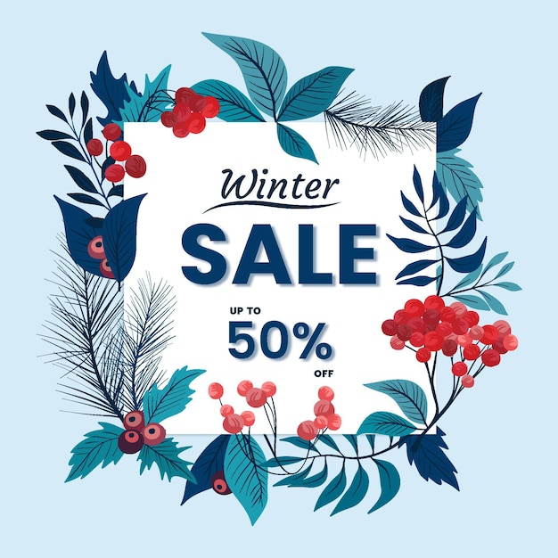 Dibujado a mano ilustración de rebajas de invierno plano con hojas