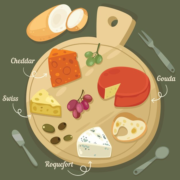 Dibujado a mano ilustración de tabla de quesos