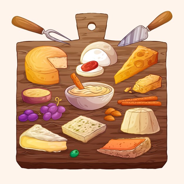 Dibujado a mano ilustración de tabla de quesos
