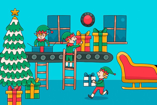 Dibujado a mano ilustración de taller de santa