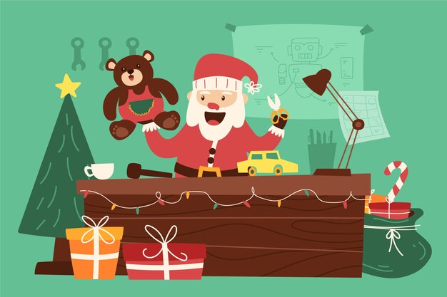 Dibujado a mano ilustración de taller de santa