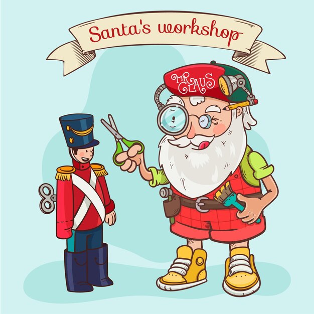 Dibujado a mano ilustración de taller de santa
