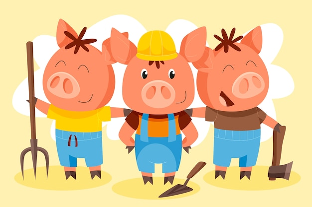 Dibujado a mano la ilustración de los tres cerditos