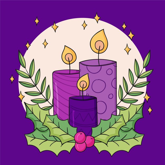 Dibujado a mano ilustración de velas de adviento púrpura