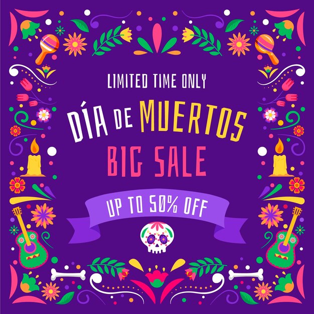 Dibujado a mano ilustración de venta de dia de muertos plana
