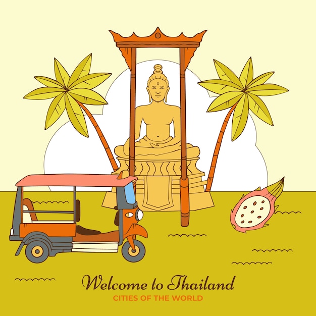 Dibujado a mano ilustración de viaje de tailandia