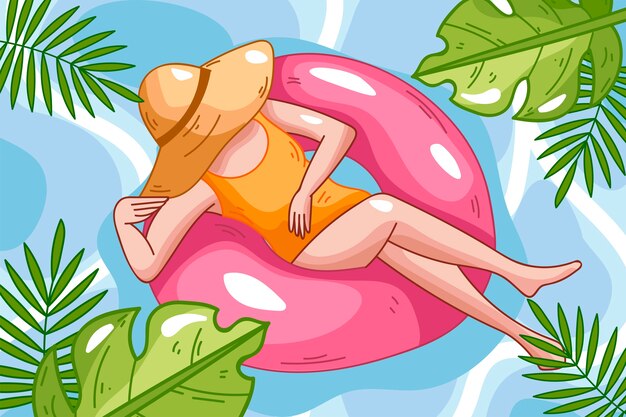 Dibujado a mano ilustración de vibraciones de verano con mujer en flotador en la piscina