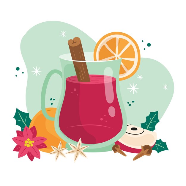 Dibujado a mano ilustración de vino caliente de navidad plana