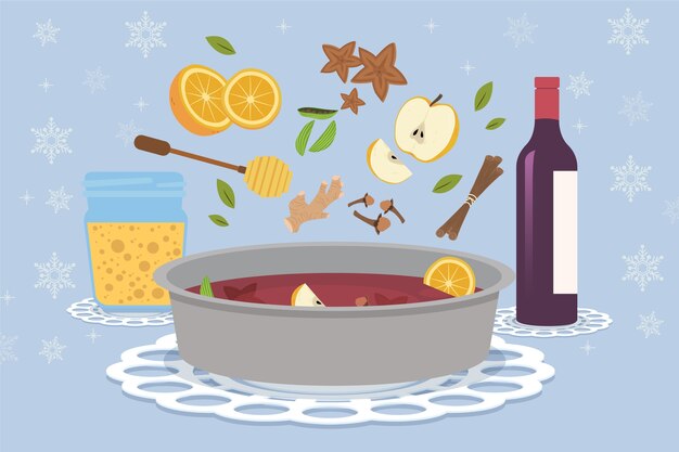 Dibujado a mano ilustración de vino caliente de navidad plana