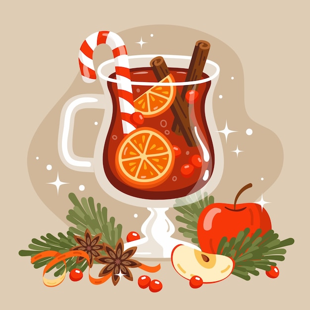 Dibujado a mano ilustración de vino caliente de navidad plana