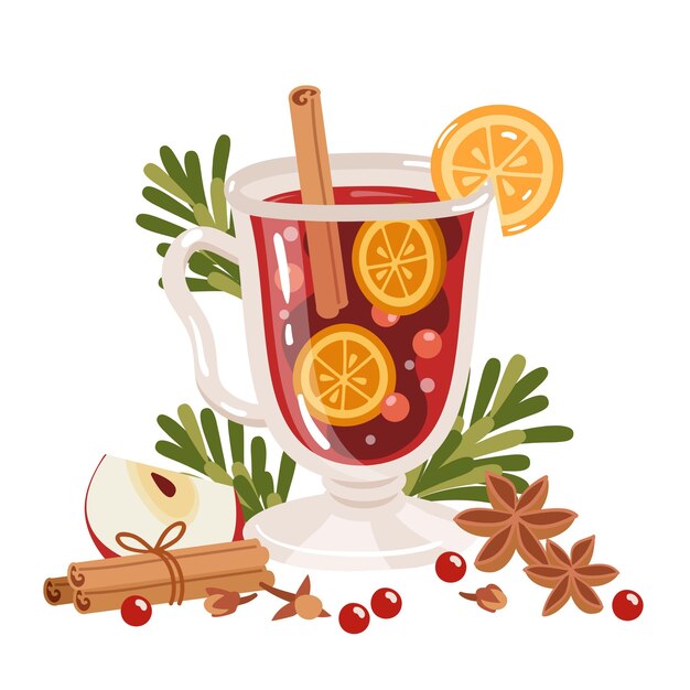 Dibujado a mano ilustración de vino caliente de navidad plana