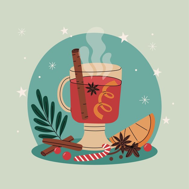 Dibujado a mano ilustración de vino caliente de navidad plana