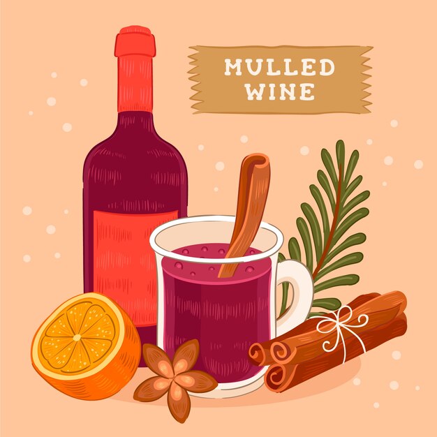 Dibujado a mano ilustración de vino caliente de navidad