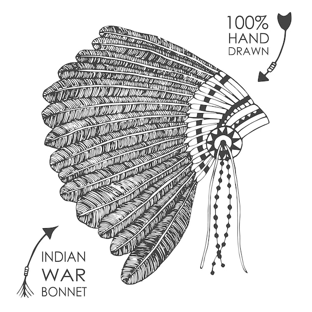 Dibujado a mano indio americano principal tocado con plumas. Estilo de dibujo Ilustración vectorial tribal