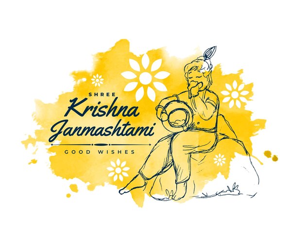 dibujado a mano krishna janmashtami festival acuarela saludo vector