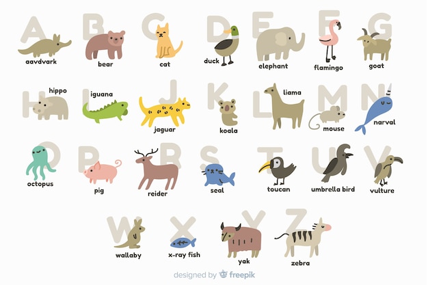 Dibujado a mano letras animales lindos