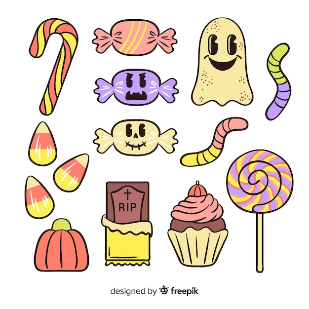 Dibujado a mano linda colección de dulces de halloween