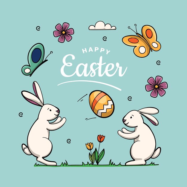 Dibujado a mano linda ilustración de pascua con conejito