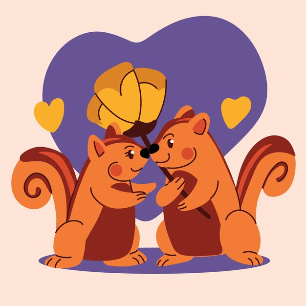Dibujado a mano linda pareja de animales de san valentín